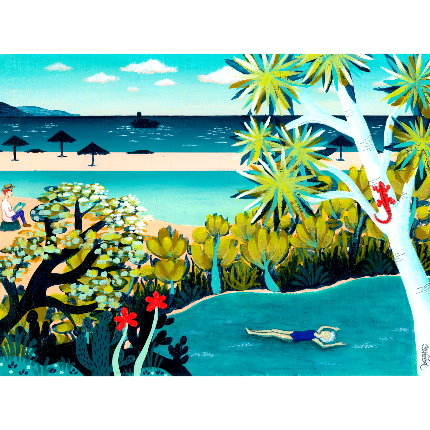 A stylized tropical beach scene artwork showing turquoise water, palm trees, yellow foliage, dark tree branches, red flowers, and a small figure diving into the water, with a beach and boats in the background.