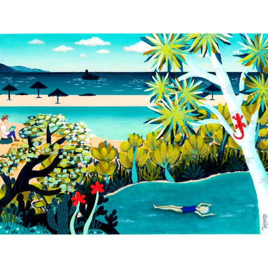 A stylized tropical beach scene artwork showing turquoise water, palm trees, yellow foliage, dark tree branches, red flowers, and a small figure diving into the water, with a beach and boats in the background.