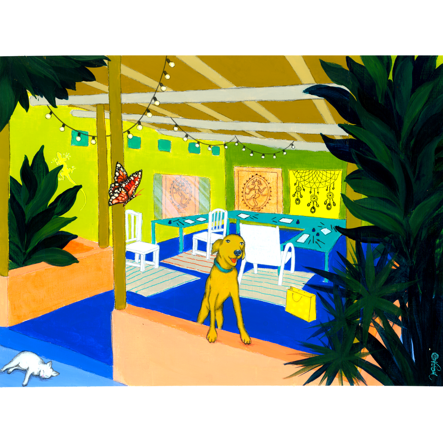 A colorful art print depicting a whimsical outdoor patio scene with a yellow dog , white chairs, a butterfly, string lights, and dark green foliage in the foreground.