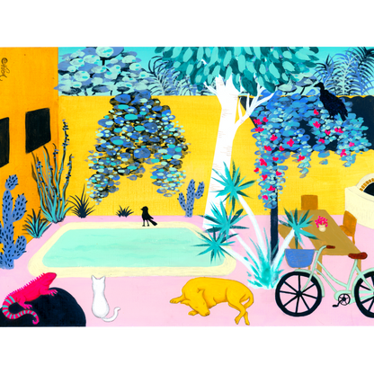 A colorful abstract art print featuring a stylized scene with blue foliage, yellow and pink architectural forms, a bicycle, a pool, and small animal silhouettes in bright, graphic colors.